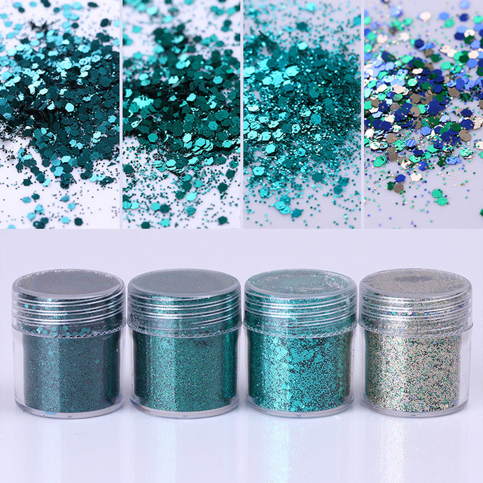 1 Box 10ml Dark Green Nail Glitter Powder Hexagon Round Powder Sheets Dust Tips