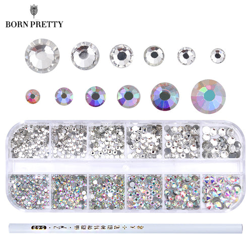 1 Box AB Color Nail Rhinestone with Dotting Pen Clear Flat Bottom Multi-size Manicure